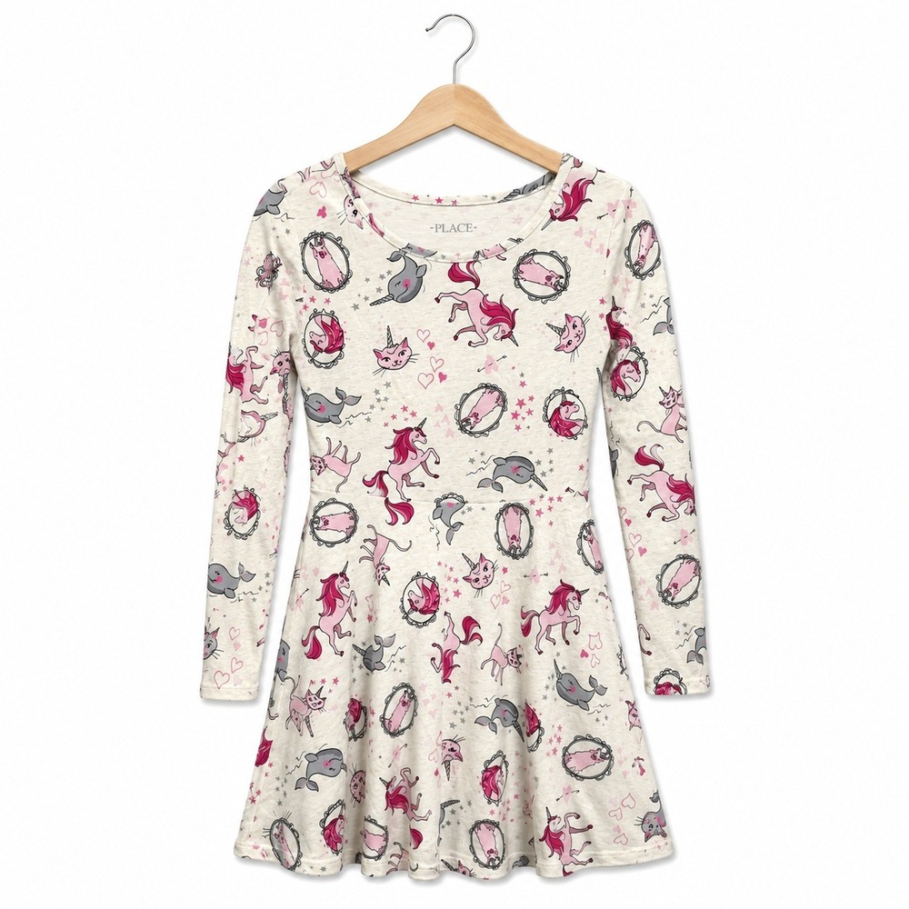 Children's Place Unicorn Caticorn Narwhal Llama Cats Dress Pink‎ Off White 7 8 - Picture 1 of 6